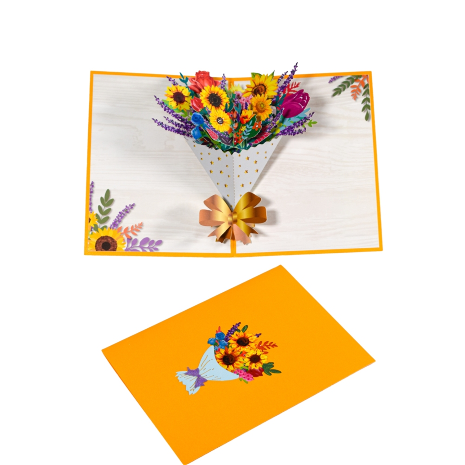 Brightfeel Sunflower With Golden Bow Bright Bouquet Pop Up Greeting Card - White