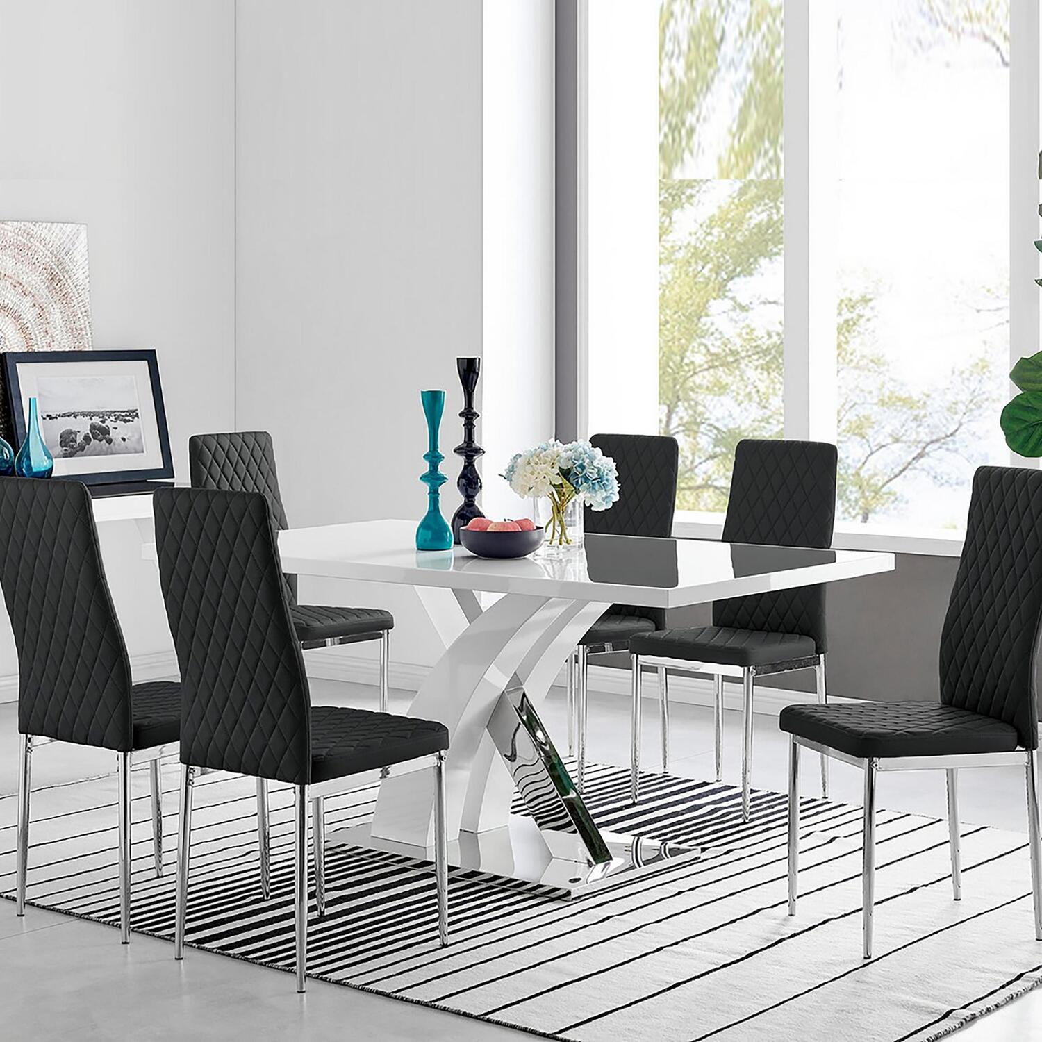 Furnitureboxuk Atlanta Modern High Gloss White Dining Table And 6 Milan Chairs Set - Black
