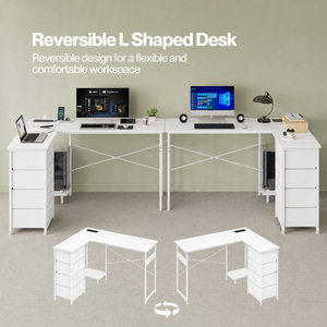 Corner Desk,L Shaped with Drawers,Power Outlet,Office Gaming,Wood,White