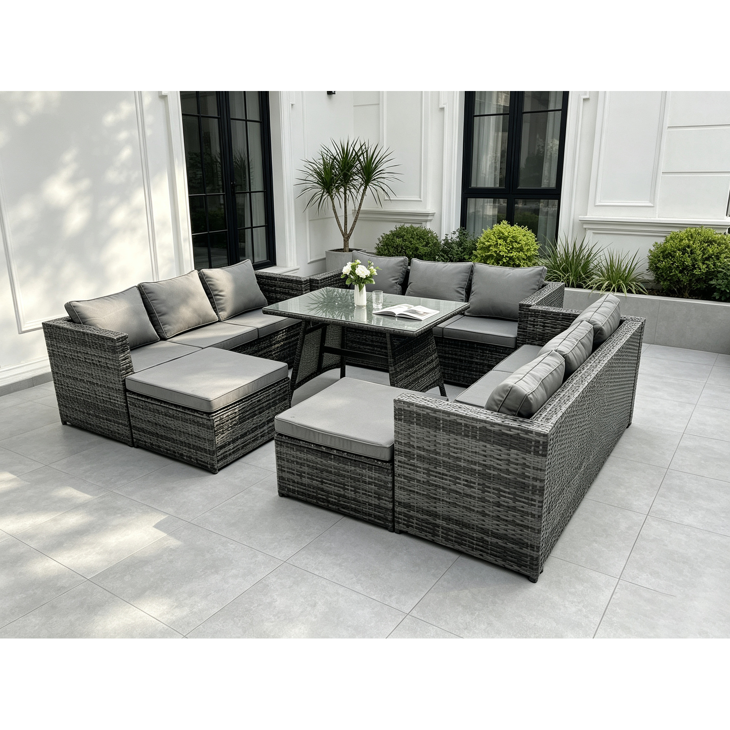 Fimous 11 Seater Wicker Pe Rattan Outdoor Furniture Lounge Sofa Garden Dining Set With Dining Table 2 Big Footstools - Image 3