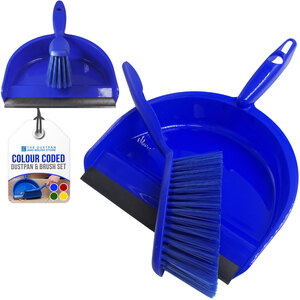 Colour Coded Dustpan and Brush Set Dustpan with Rubber Lip Soft Bristle Brush - Blue