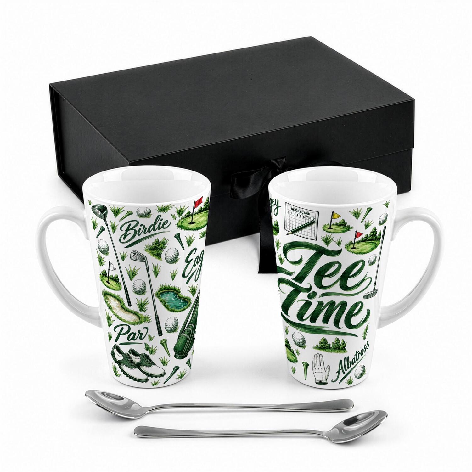 Purely Home Tee Time Tall Latte Mugs & Spoons Gift Boxed Set - Green