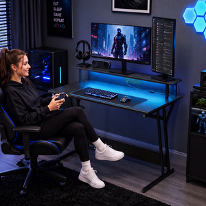 HOMCOM LED Gaming Desk with Power Outlets and Monitor Stand 100 x 60cm Black