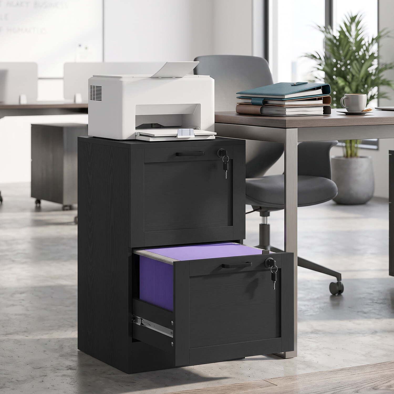 Homcom 2-Drawer File Cabinet, Lockable Filing Cabinet For A4 Letter, Black - Black Wood Effect