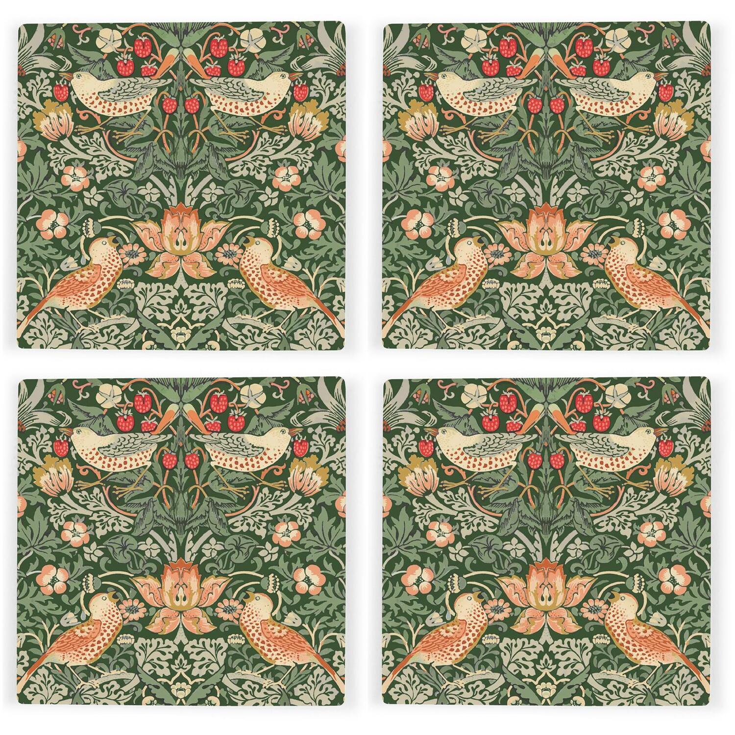 Green Strawberry Thief Ceramic Coaster Set - William Morris Artwork Gifts - Square Set of Four (4) Coasters - Image 3