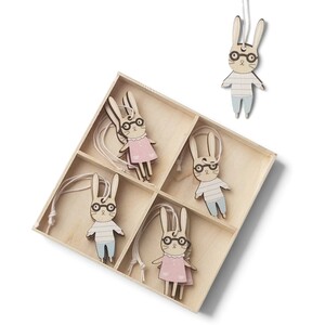 Set of 8 Wooden Rabbits in Glasses Easter Decorations