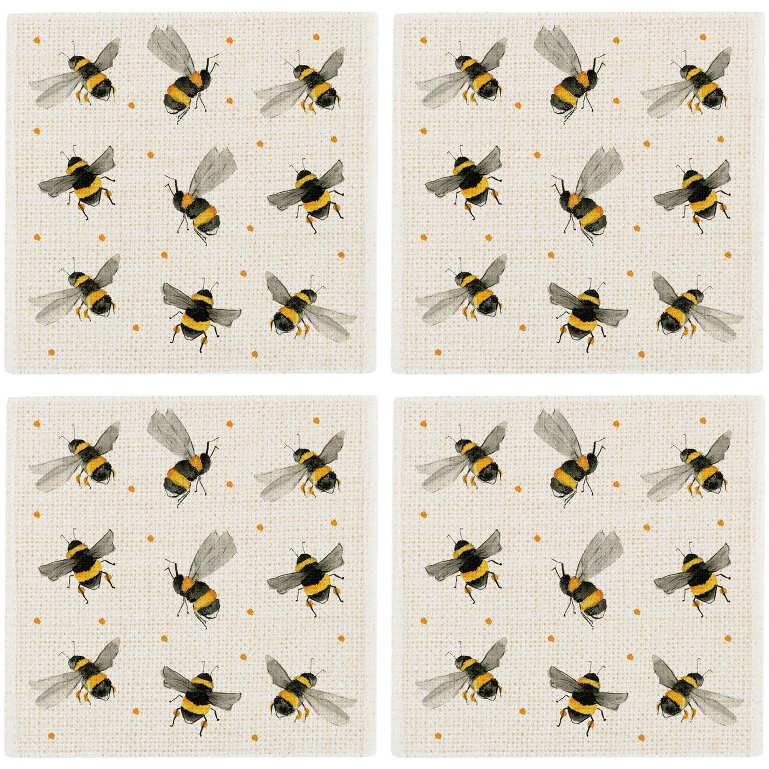 Purely Home Scattered Bees Fabric Coaster Set - Table Decor Gifts For Bee Lovers - Set Of 4 - Yellow