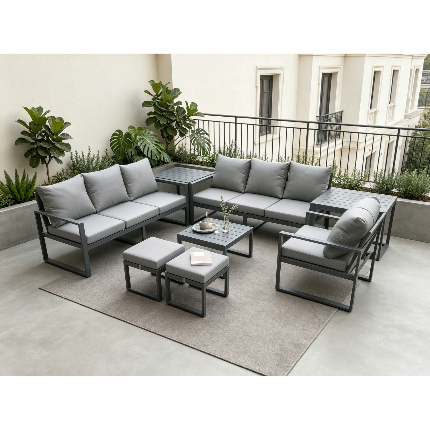B&Q - Aluminium 9 Seater Outdoor Garden Furniture Lounge Sofa Set With Square Coffee Table Chair Footstools 2 Side Table - Image 2