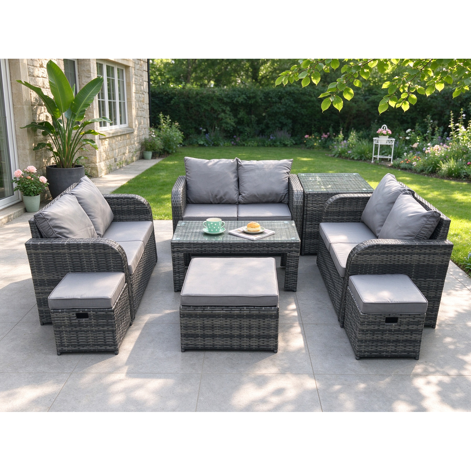 Fimous Outdoor Garden Furniture Sets 8 Pieces Wicker Rattan Furniture Sofa Sets With Rectangular Coffee Table Love Seat Sofa 3 Footstools Side Table - Image 2