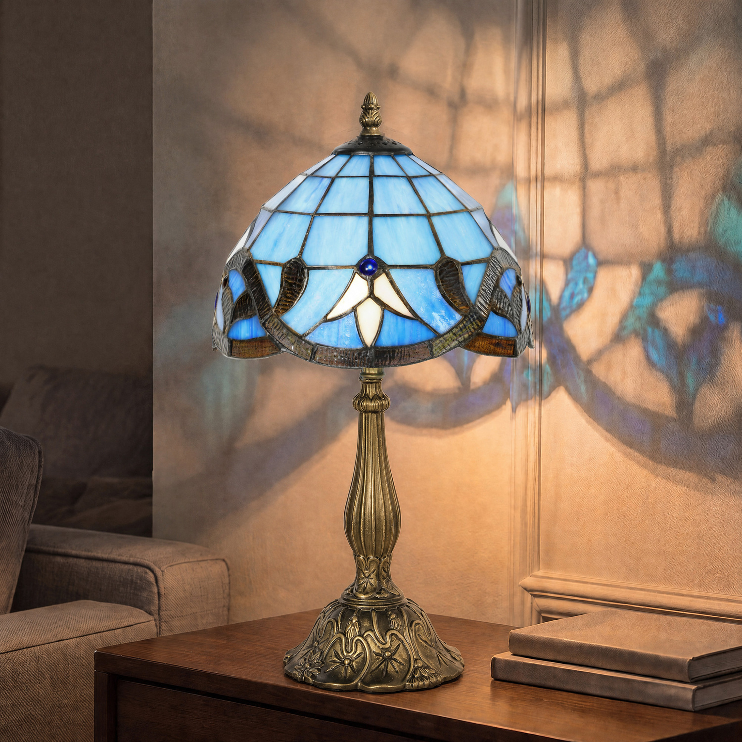 Homcom (Purple) Stained Glass Table Lamp, Handmade Antique Bedside Lamp For Bedroom - Image 3