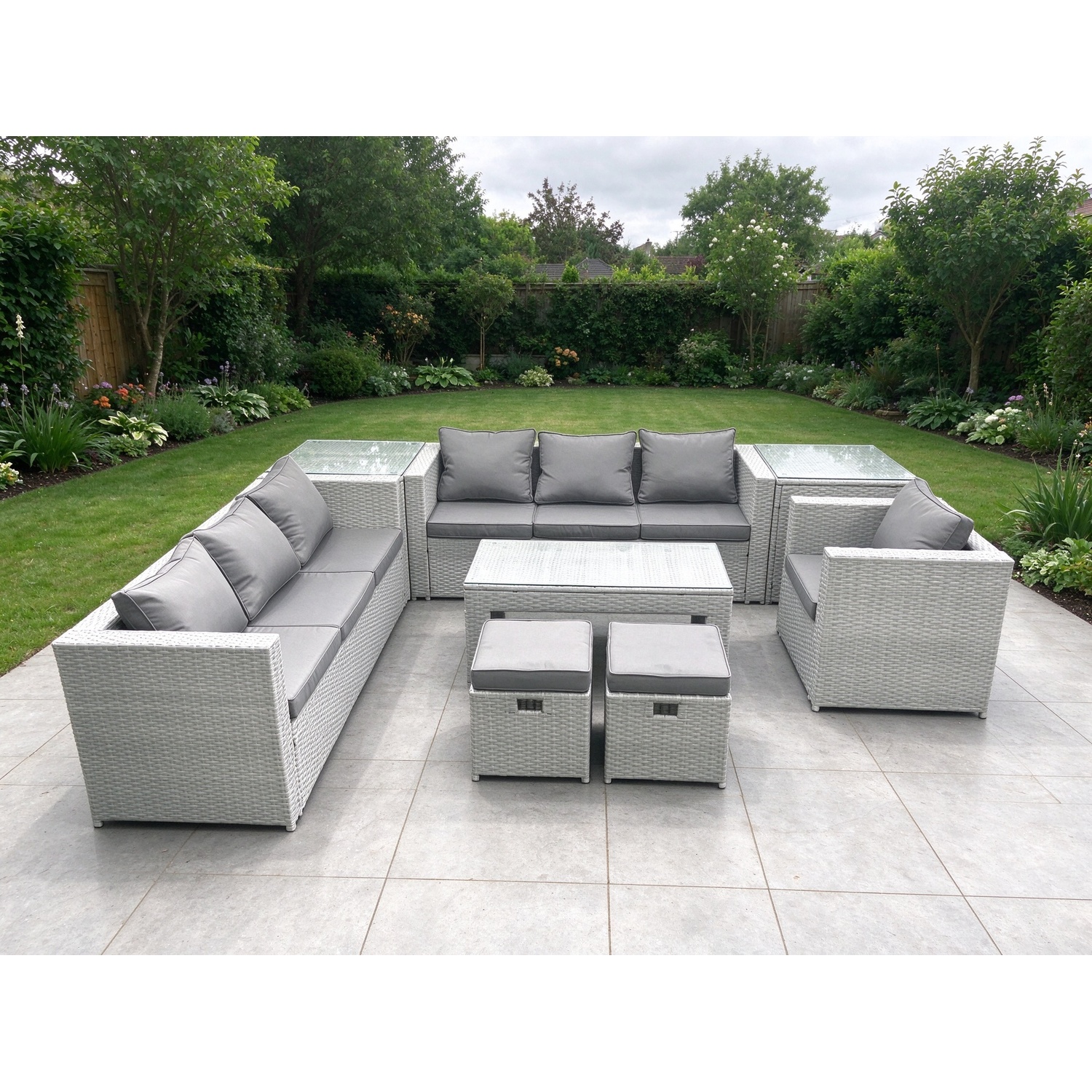 Fimous Wicker Pe Rattan Sofa Garden Furniture Set With Oblong Coffee Table Armchair 2 Small Footstools 2 Side Tables Light Grey Mixed - Image 3