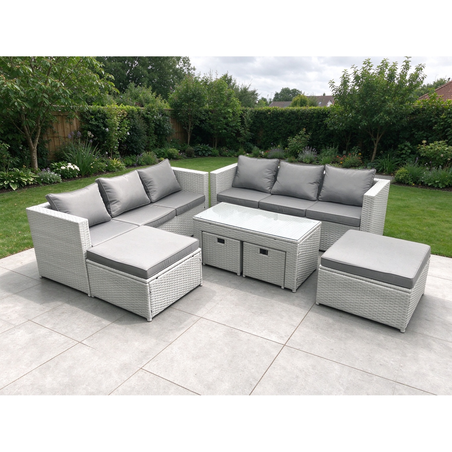 Fimous Light/Grey 10 Seater Rattan Garden Furniture Set With 2 Sofas, Coffee Table, 4 Footstools - Image 2