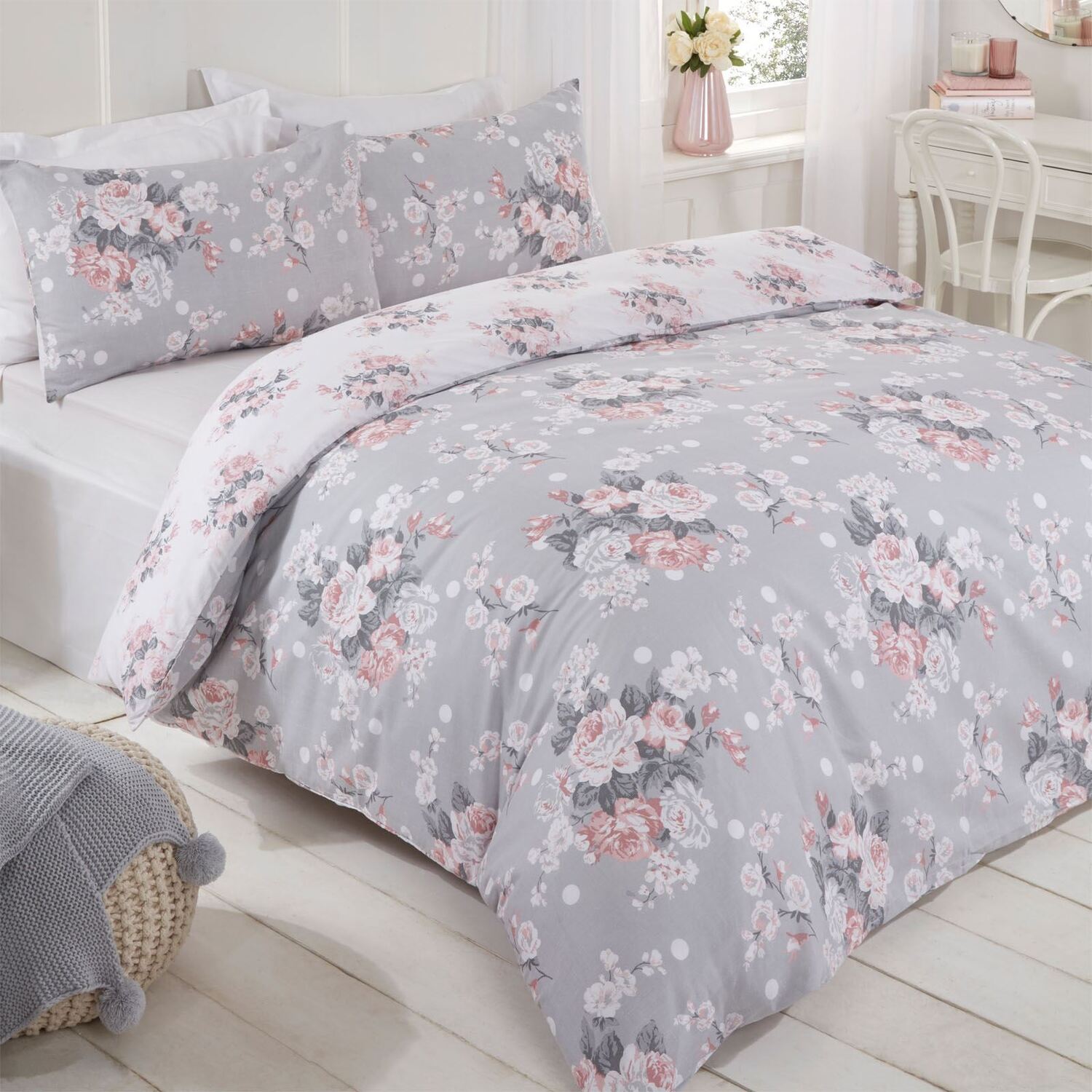 Dreamscene English Rose Floral Duvet Cover Bedding Set - Silver Double