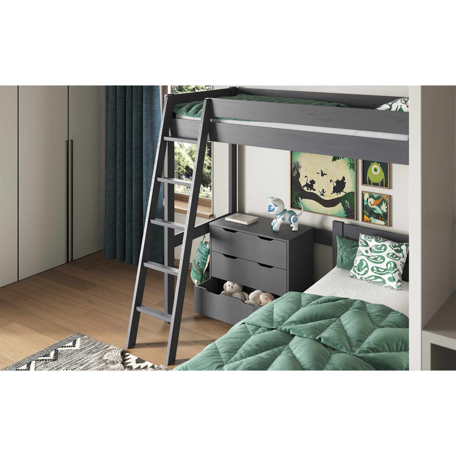 Tera High Sleeper With L Shaped Single Bed Grey - Grey