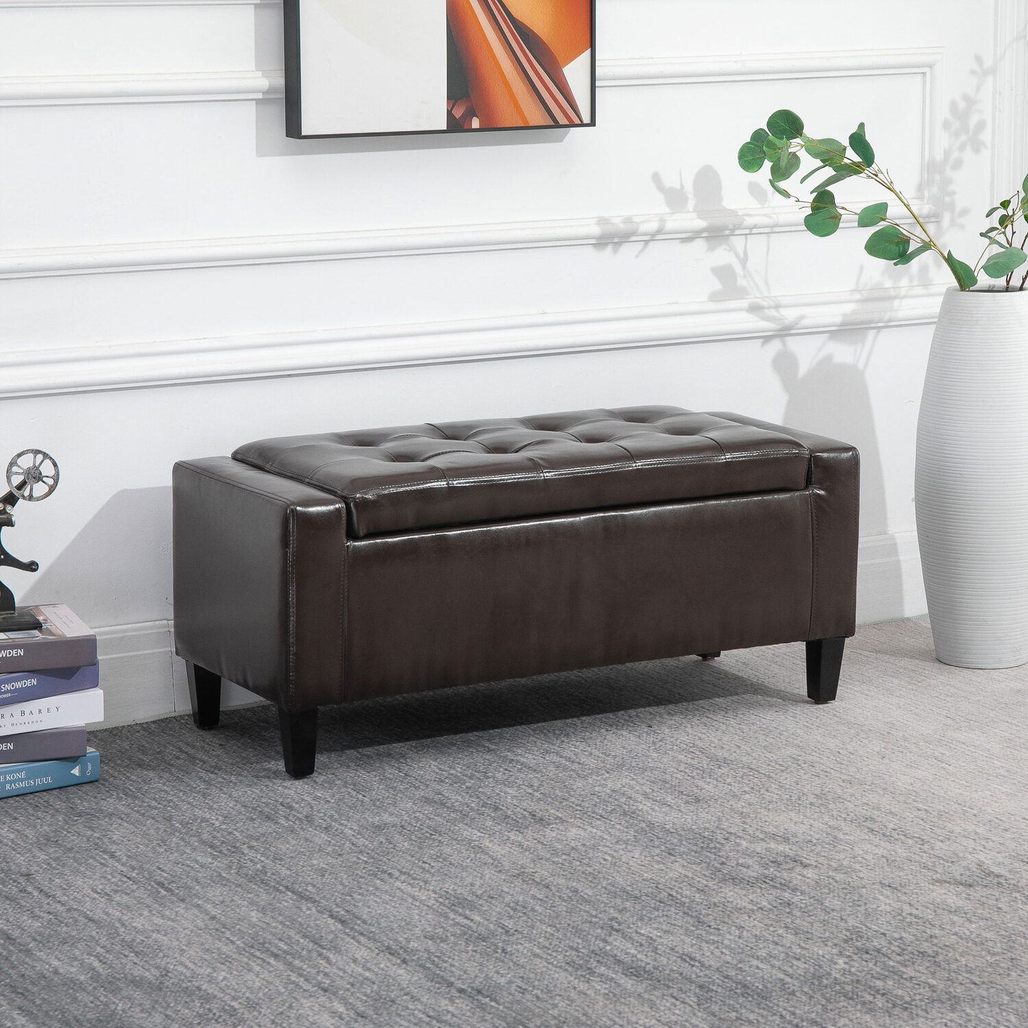 Big 43-Inch Folding Storage Ottoman Bench - Faux Leather, Extra Long Shoe Bench With Divider, Living Room Seat, Black
