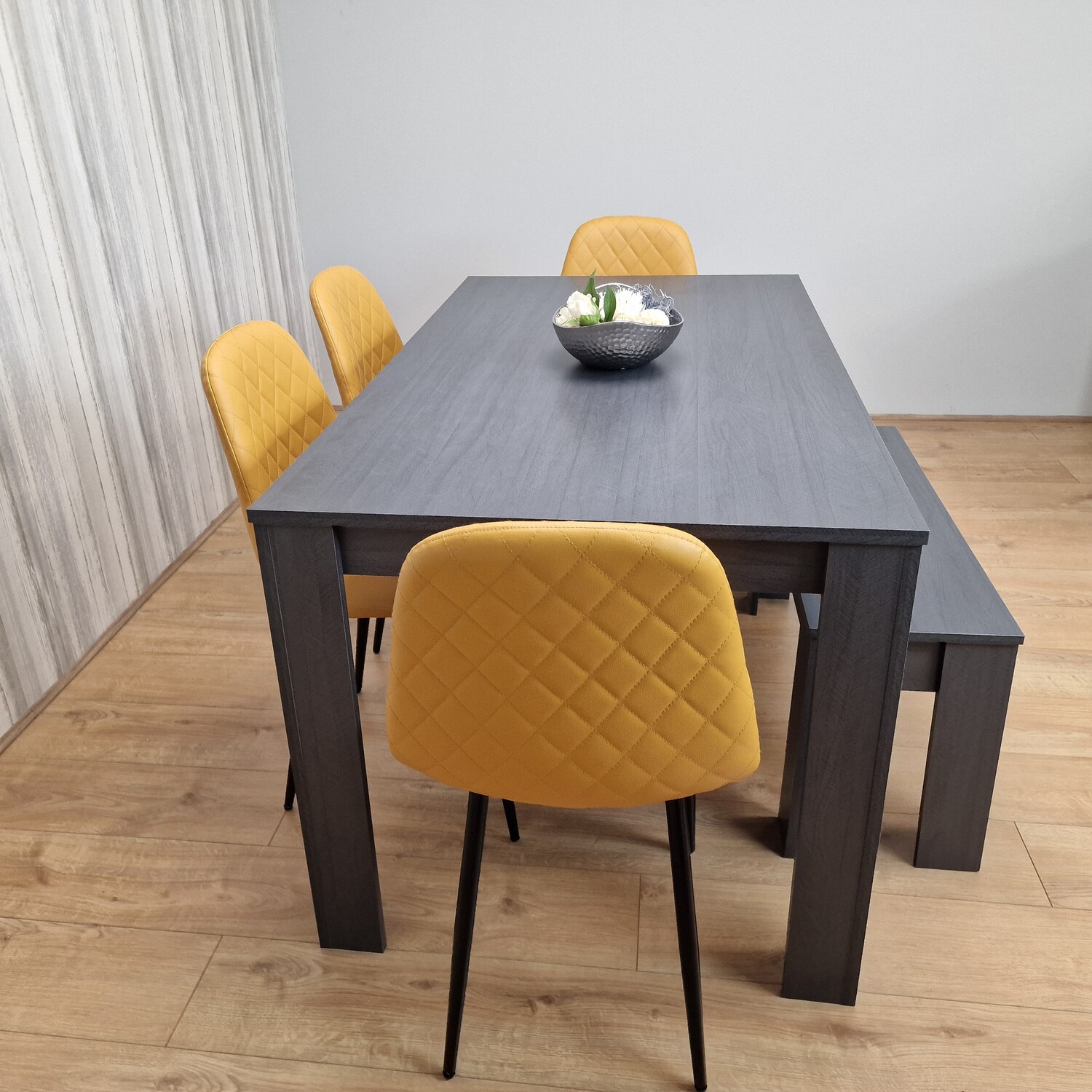Grey Dining Table with 4 Stitched Mustard Chairs and 1 Bench Dining Set