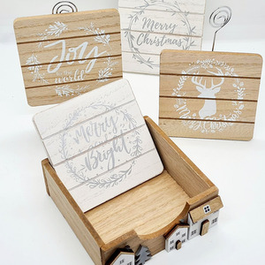 4pc Christmas Wooden Coaster Set