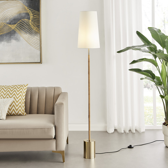 Astrid Floor Lamp White Shade with Rattan Brass Base