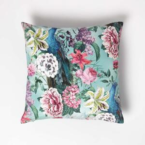 Floral Peacock Pink Green Filled Velvet Cushion