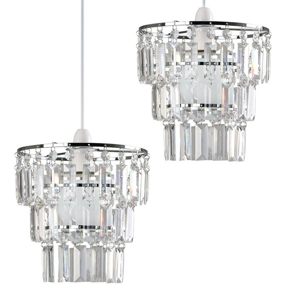 Pair Of Modern 3 Tier Clear Jewel Effect Droplets Ceiling Pendant Light Shades