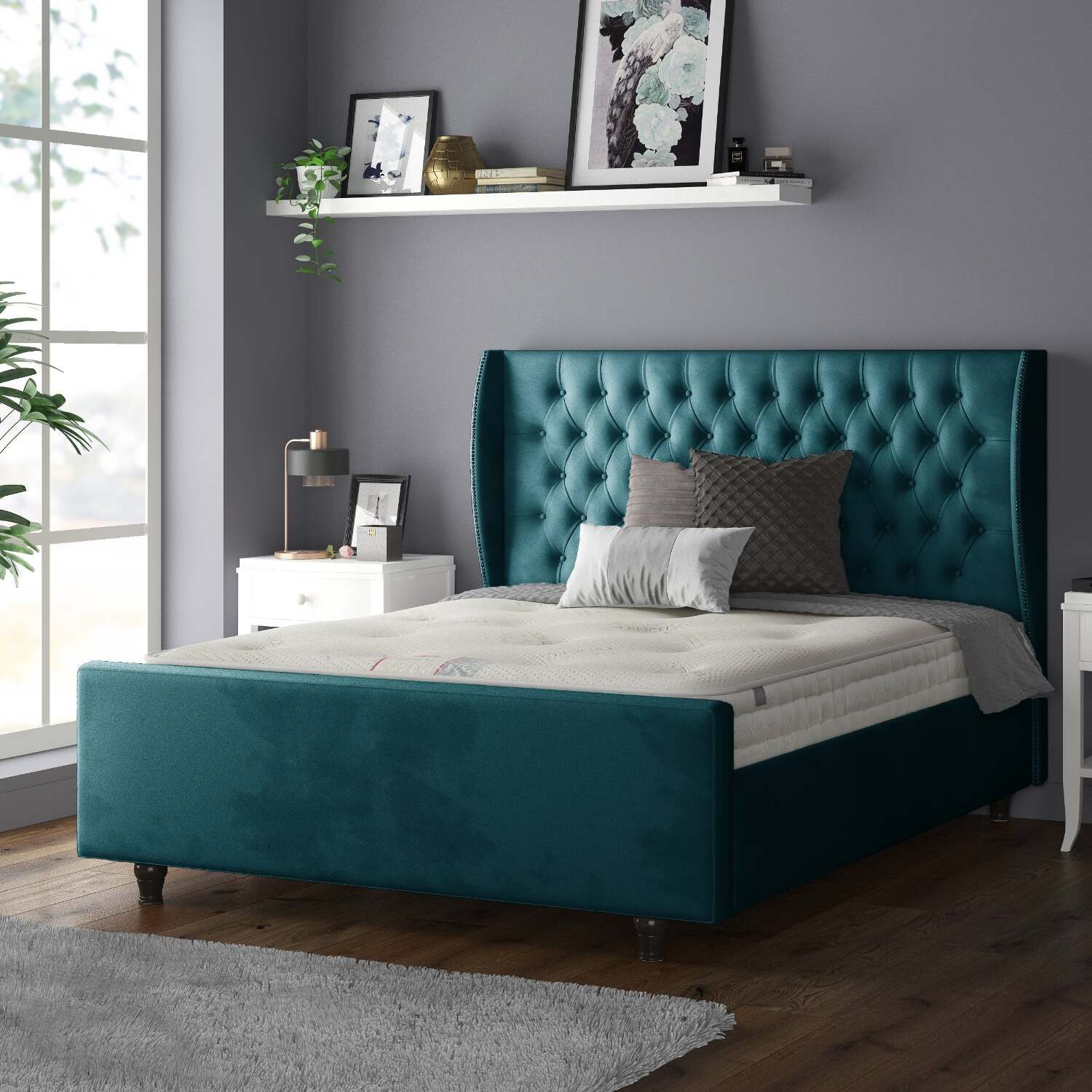 Aurora Chesterfield Wing Plush Velvet Bed Frame With Matching Buttons