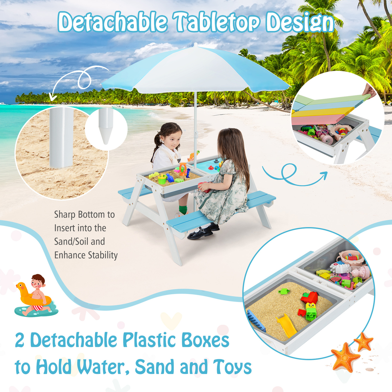 3-in-1 Kids Picnic Table Bench Set - Blue