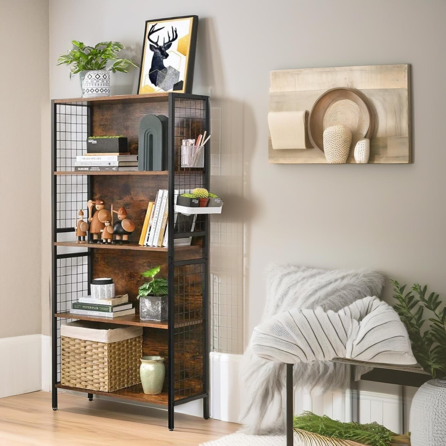 4 Tier Industrial Storage Shelf Living Room Bedroom Furniture - Rustic Brown