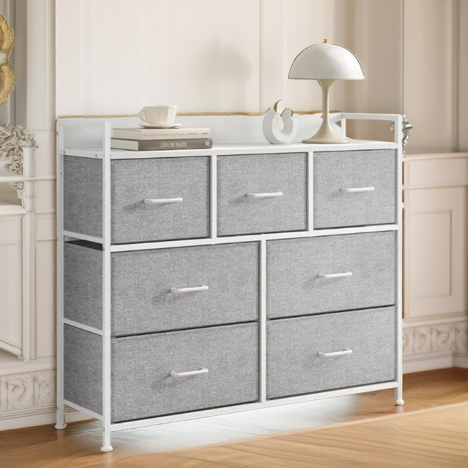 Industrial Bedroom Chest With 7 Fabric Drawers - Light Grey