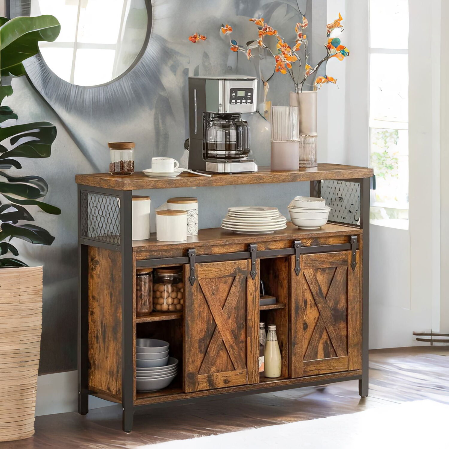 Multipurpose Sideboard With Sliding Barn Doors - Rustic Brown