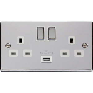 Polished Chrome 2 Gang 13A DP Ingot 1 USB Twin Double Switched Plug Socket
