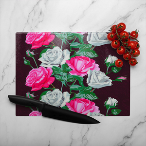 Pattern Of Pink And White Flowers Glass Chopping Board