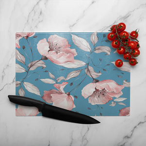 Pink Flowers On Blue Glass Chopping Board-large