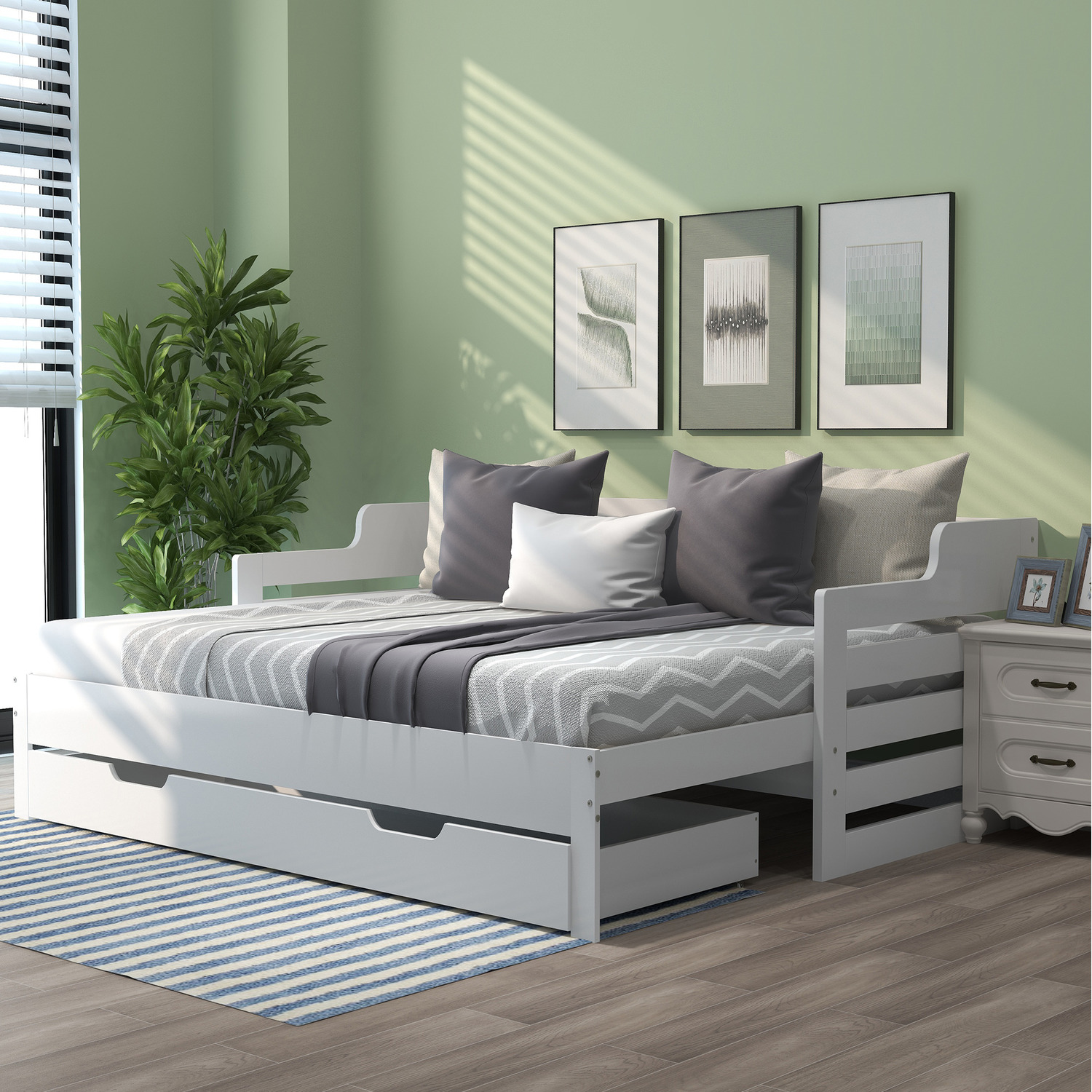 Daybed Trundle And Drawer Cabin Bed Single Guest Bed Sofa Bed - White