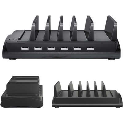 Black 60W 6 Port USB Charging Station with 6 Cables