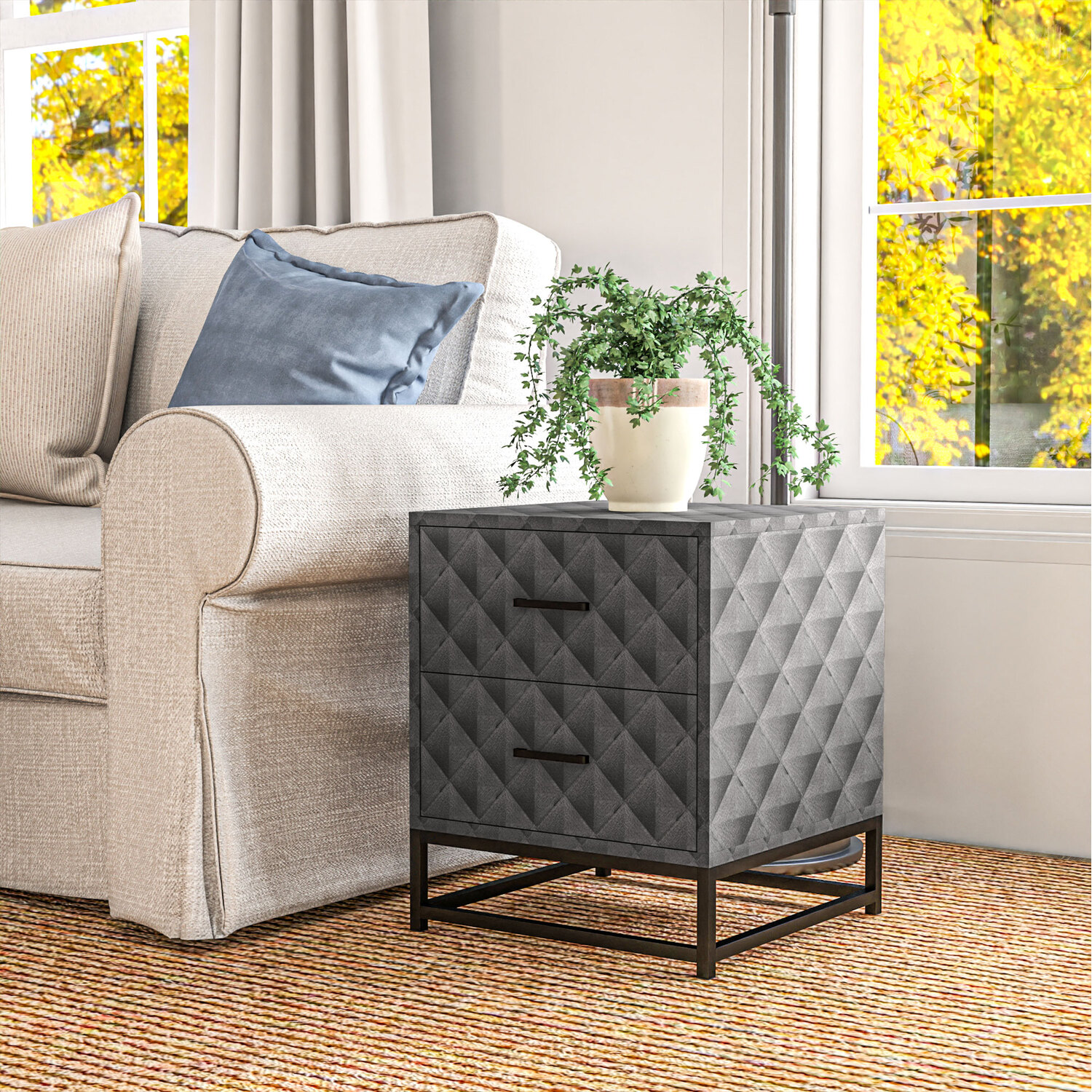 Bedside Table Patterned HOMCOM Bedside Table Side Table Set with Diamond patterned veneer