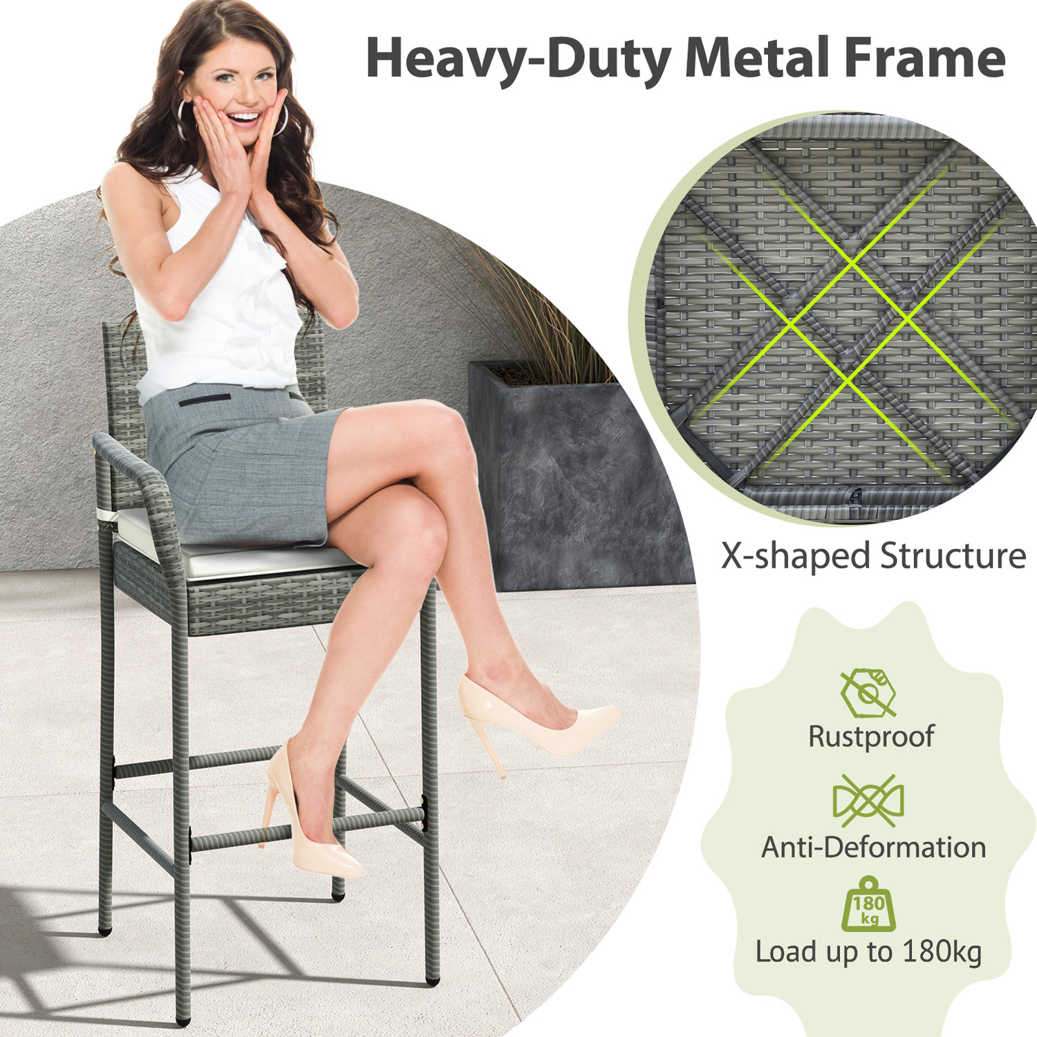Outdoor Bar Stools Set - Grey Metalpepolyestersponge