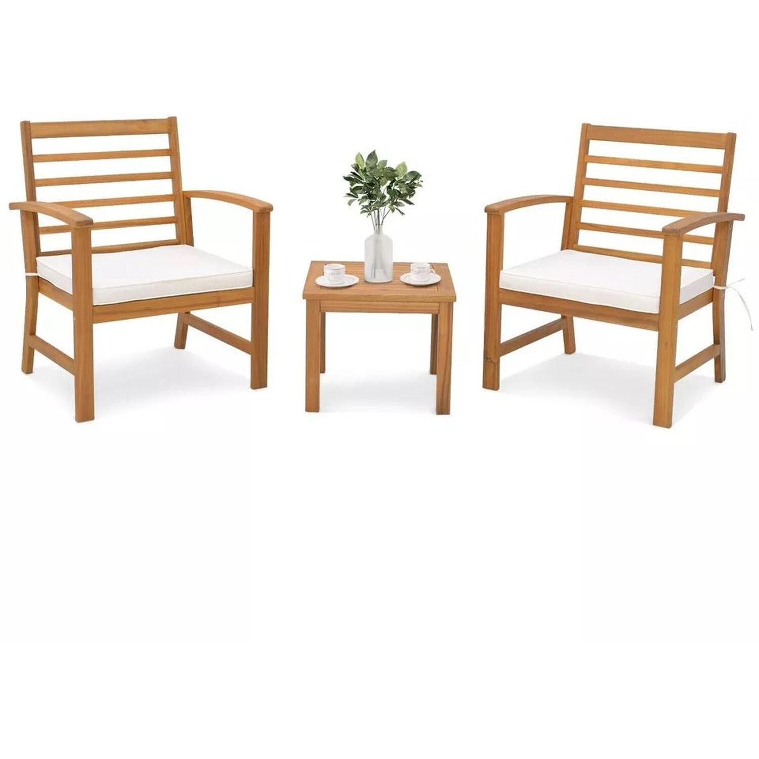 Acacia Wood Bistro Chair And Table Set With Cushions - Natural