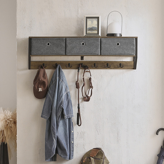 SoBuy Wall Coat Rack Wall Cabinet Unit with 3 Baskets 7 Hooks