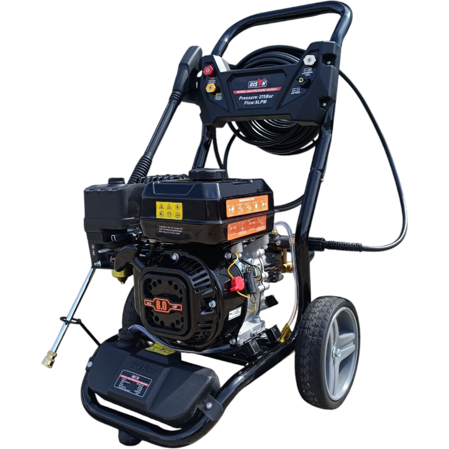 High Pressure Petrol Washer 3950psi 275bar 8HP 20m Hose, Foam Bottle