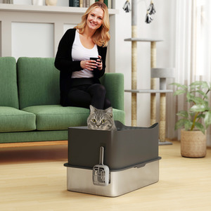 PawHut Stainless Steel Cat Litter Box with Scoop, Top Entrance