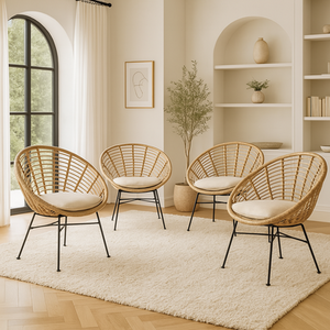 Round Rattan Chair with Cushion - Pack of 4