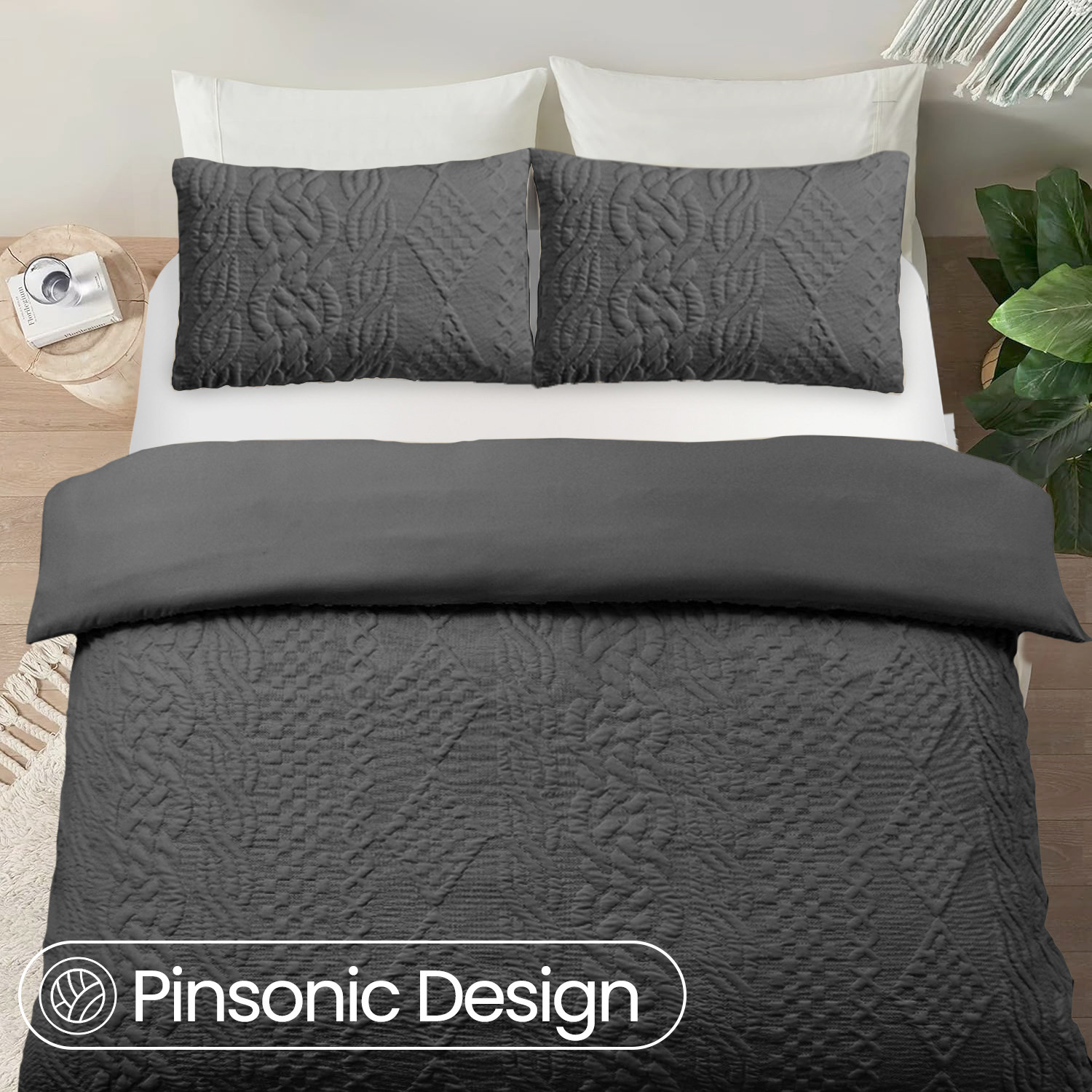3d Embossed Chunky Knit Pattern Duvet Set - Charcoal Single