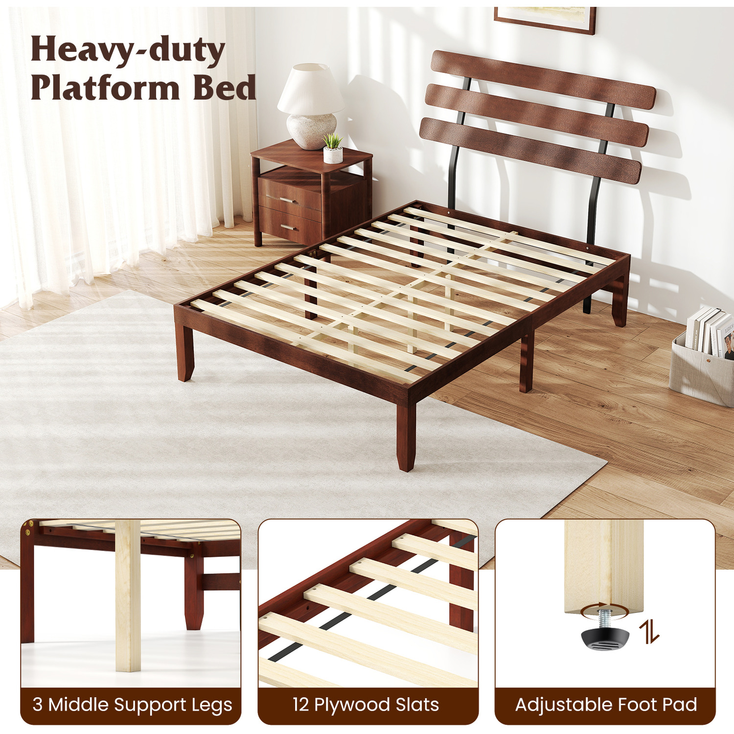 Solid Wood Platform Bed With Retro Headboard - Brown Double