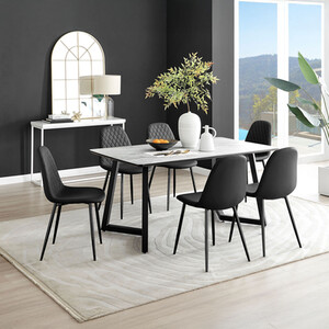 Carson White Marble Effect Dining Table and 6 Corona Black Leg Chairs