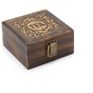Mango Wood Carved Tea Box with 4 Compartments  Brass Clasp