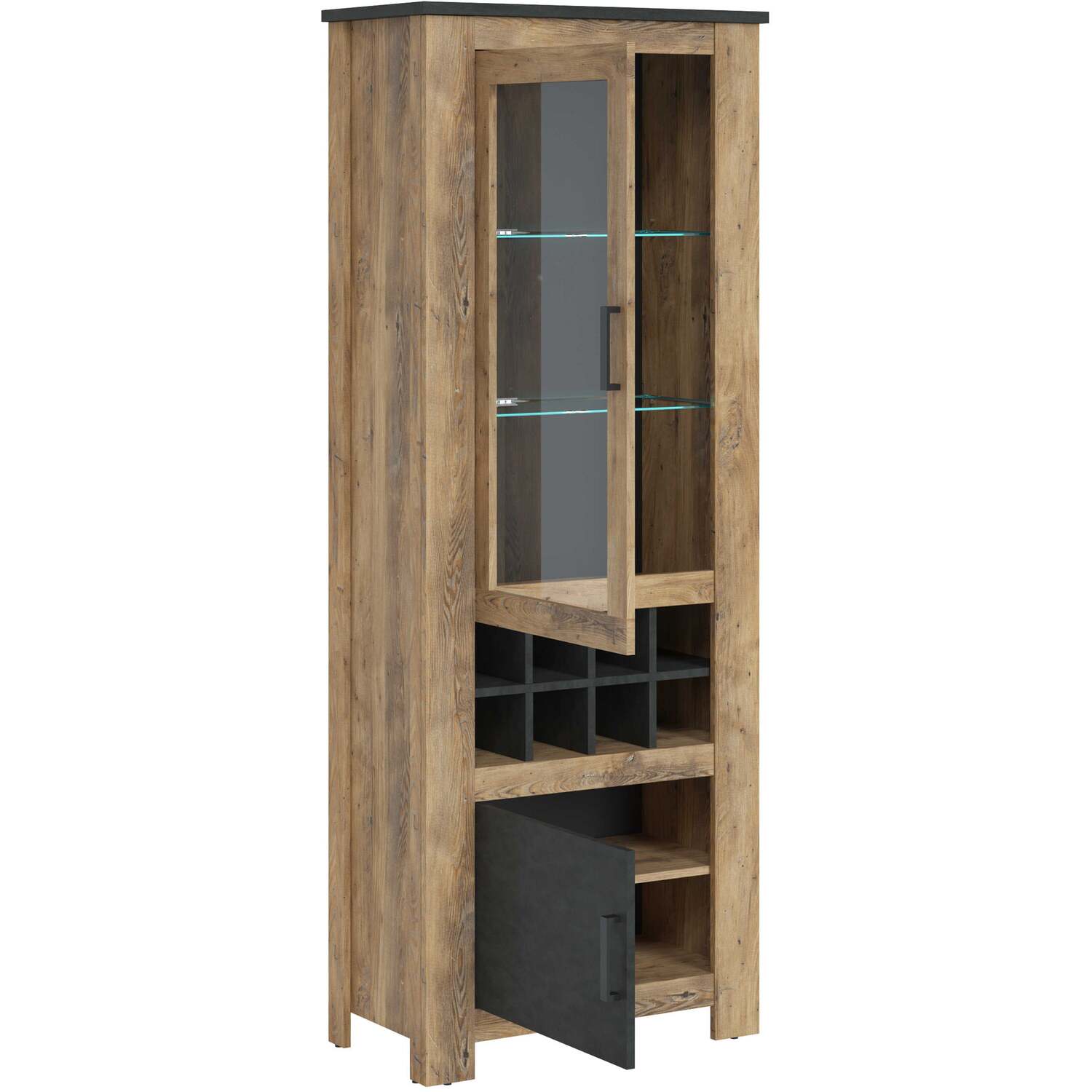Juniper 2-Door Display Cabinet with Wine Rack, Chestnut Oak-Effect and Matera Grey - Natural