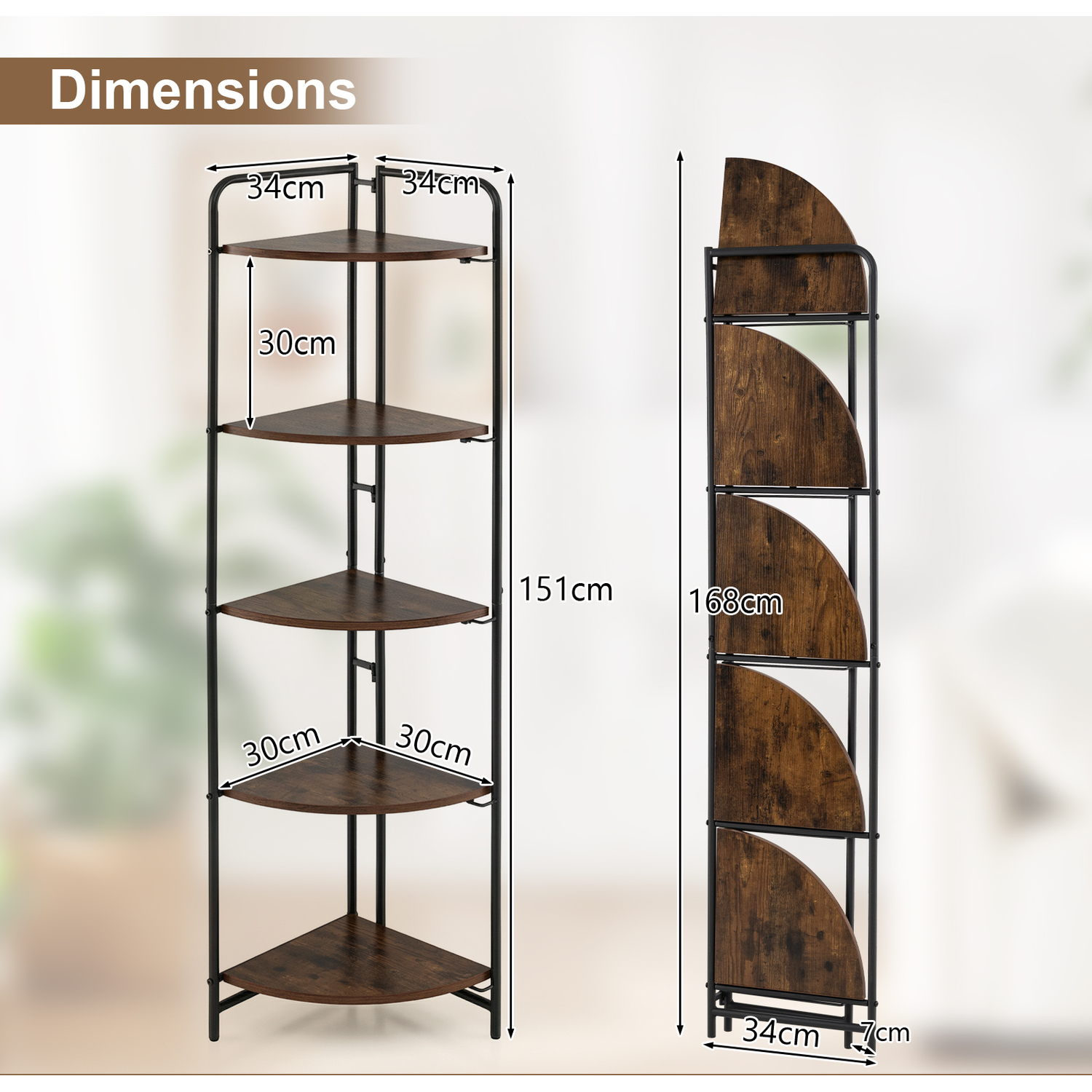 Costway 5-Tier Folding Corner Shelf - Brown