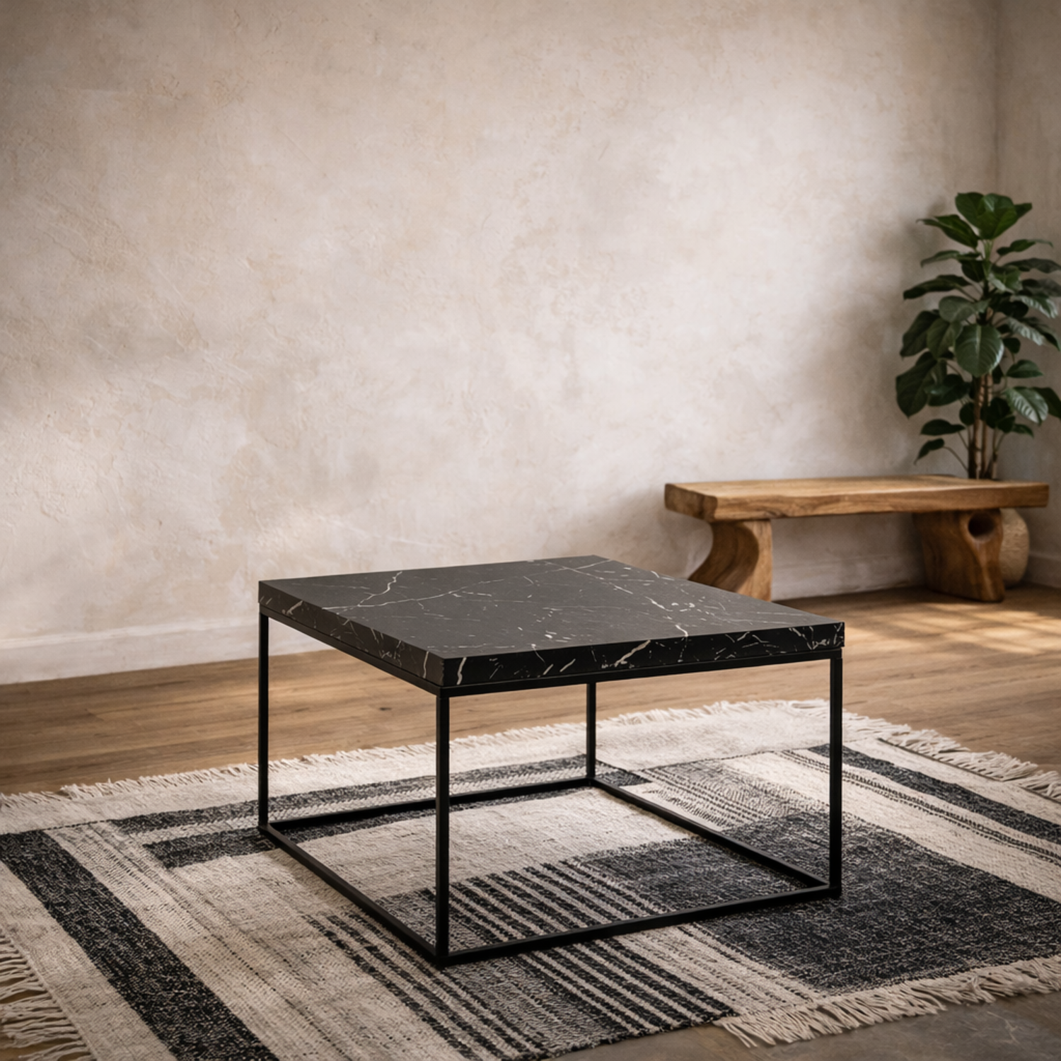 Hazelmere Marquina Marble Effect Coffee Table Matt Metal Legs - Black