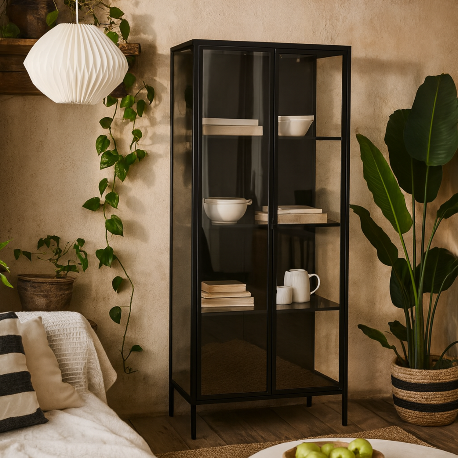 Graz Matt Metal Tall Display Cabinet 2 Doors 4 Shelves - Matt Black