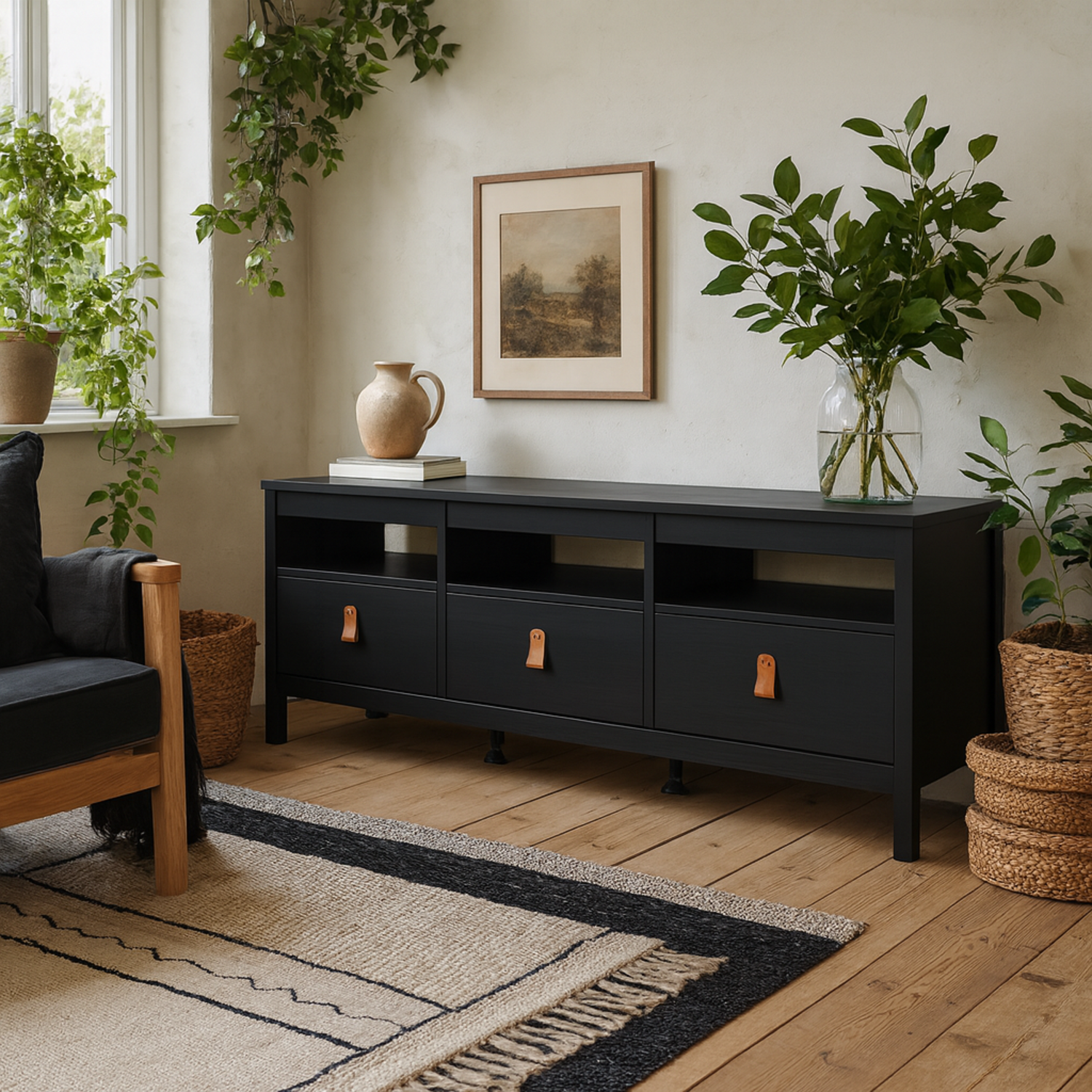 Wildberry TV Unit Matt 3 Drawers Leather Handles - Black